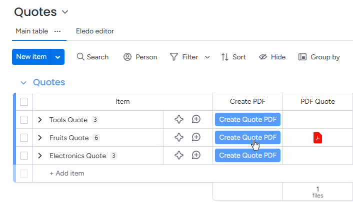 monday.com quotes board screenshot showing automated quote PDF generation with a button click triggering Eledo automation