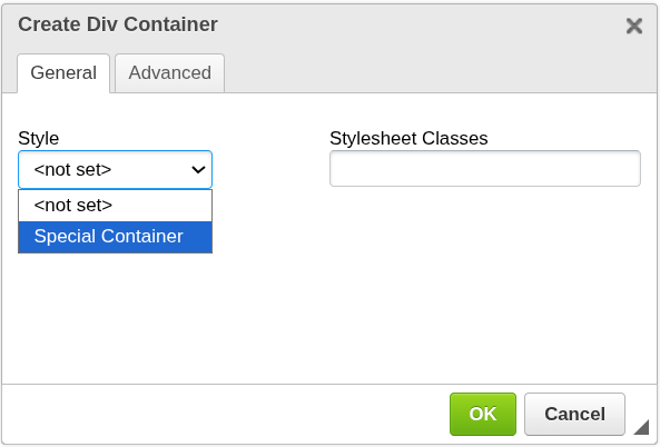 Create Div Container dialog - general tab