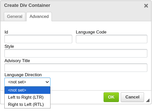 Create Div Container dialog - advanced tab