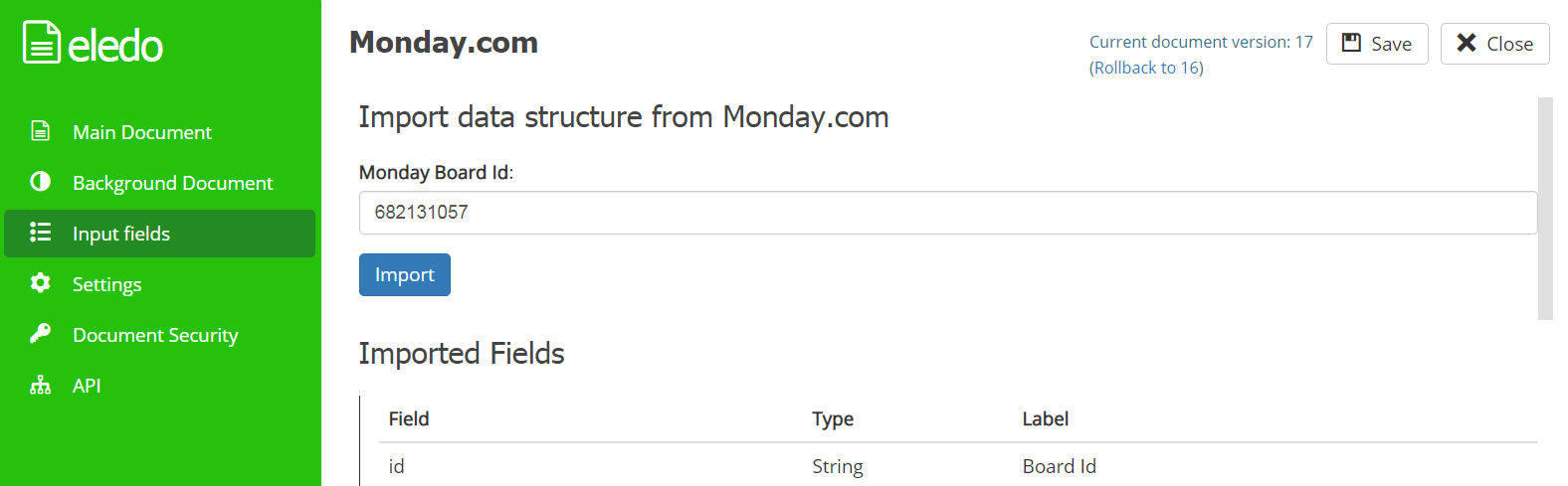 Eledo Template data structure import from Monday Board